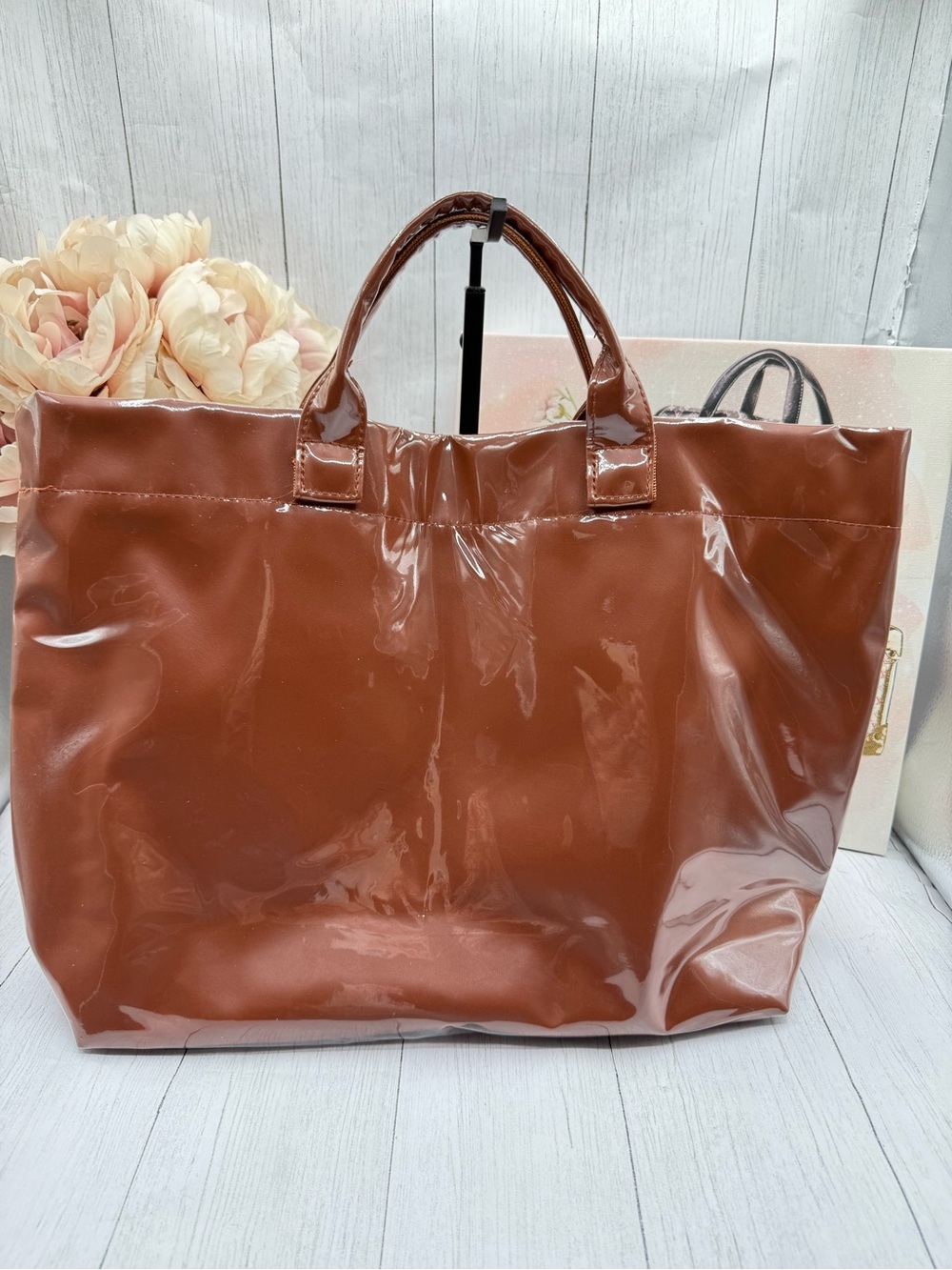 Glossy Brown Patent Tote Bag with 'TOTE BAG' Detail - Picture 2 of 4